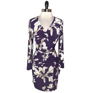 NEW AMERICAN LIVING Sz 10 Sheath Dress Purple Beige Floral Long Sleeve Stretch